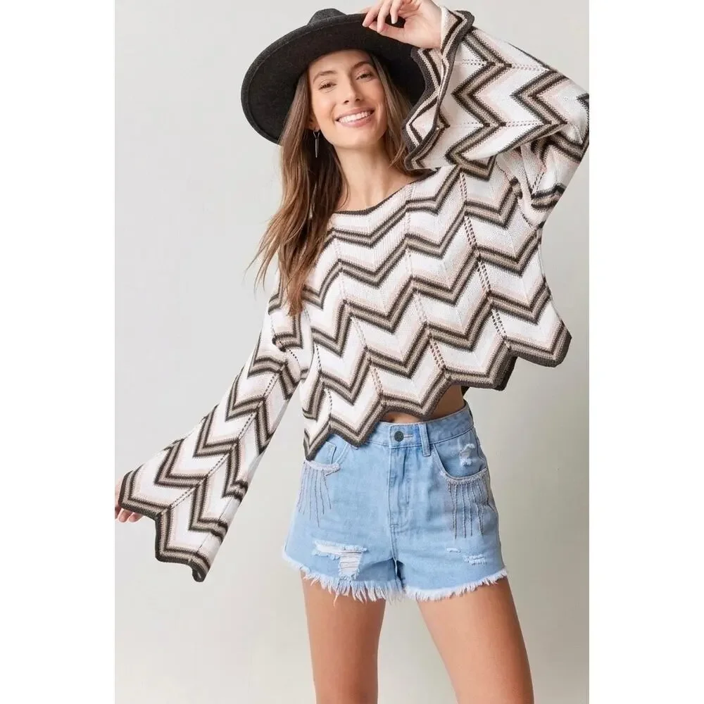 Audrey Parks | Women | Chevron Cropped Pointelle Crochet Knit Sweater | large